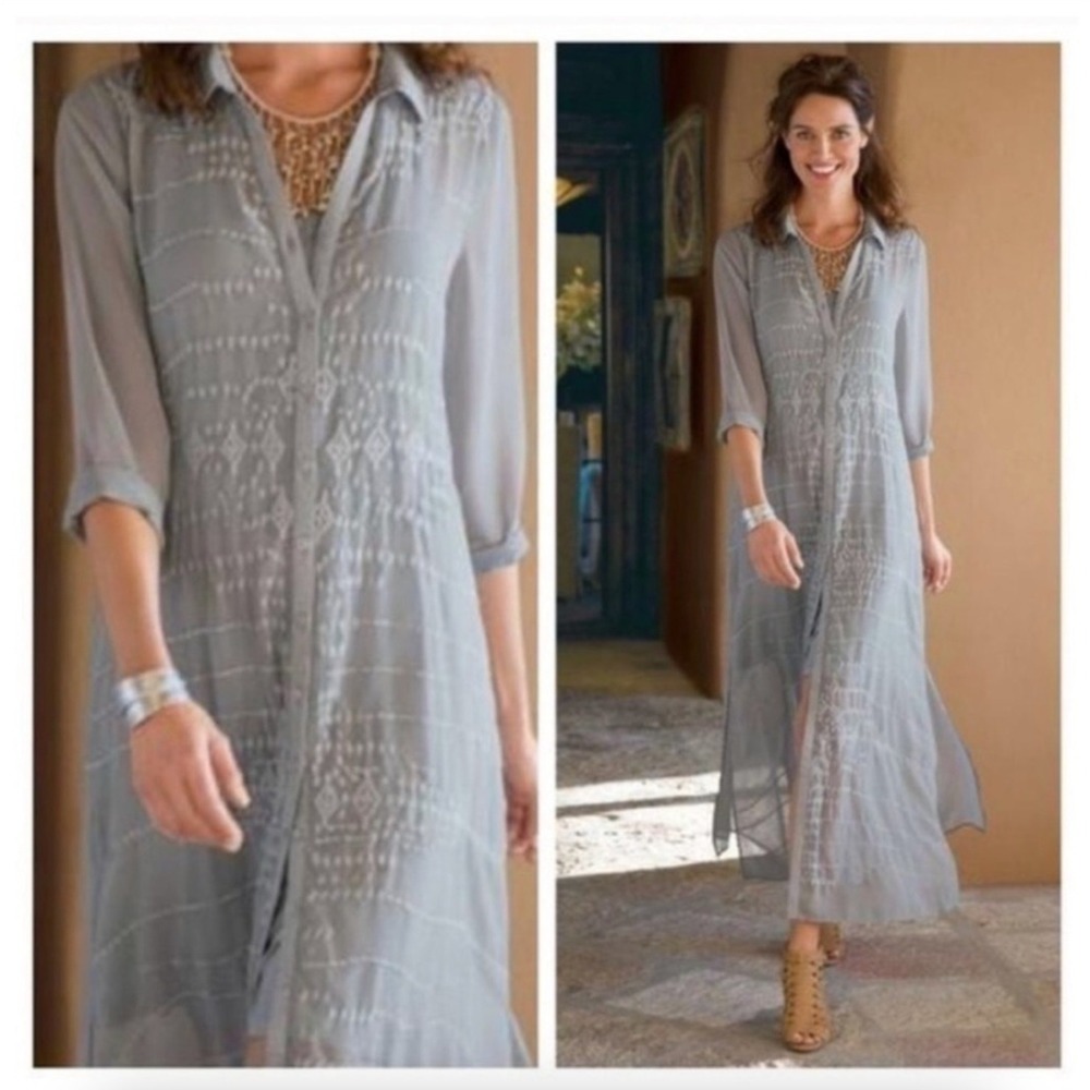 NWOT Soft Surroundings Sz L Ibiza Embroidered Maxi Shirt Dress Sheer Boho Button